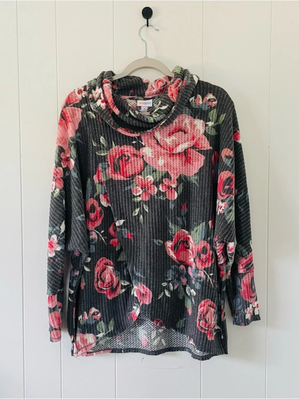 LuLaRoe Charcoal Sweater with Pink Rose Print